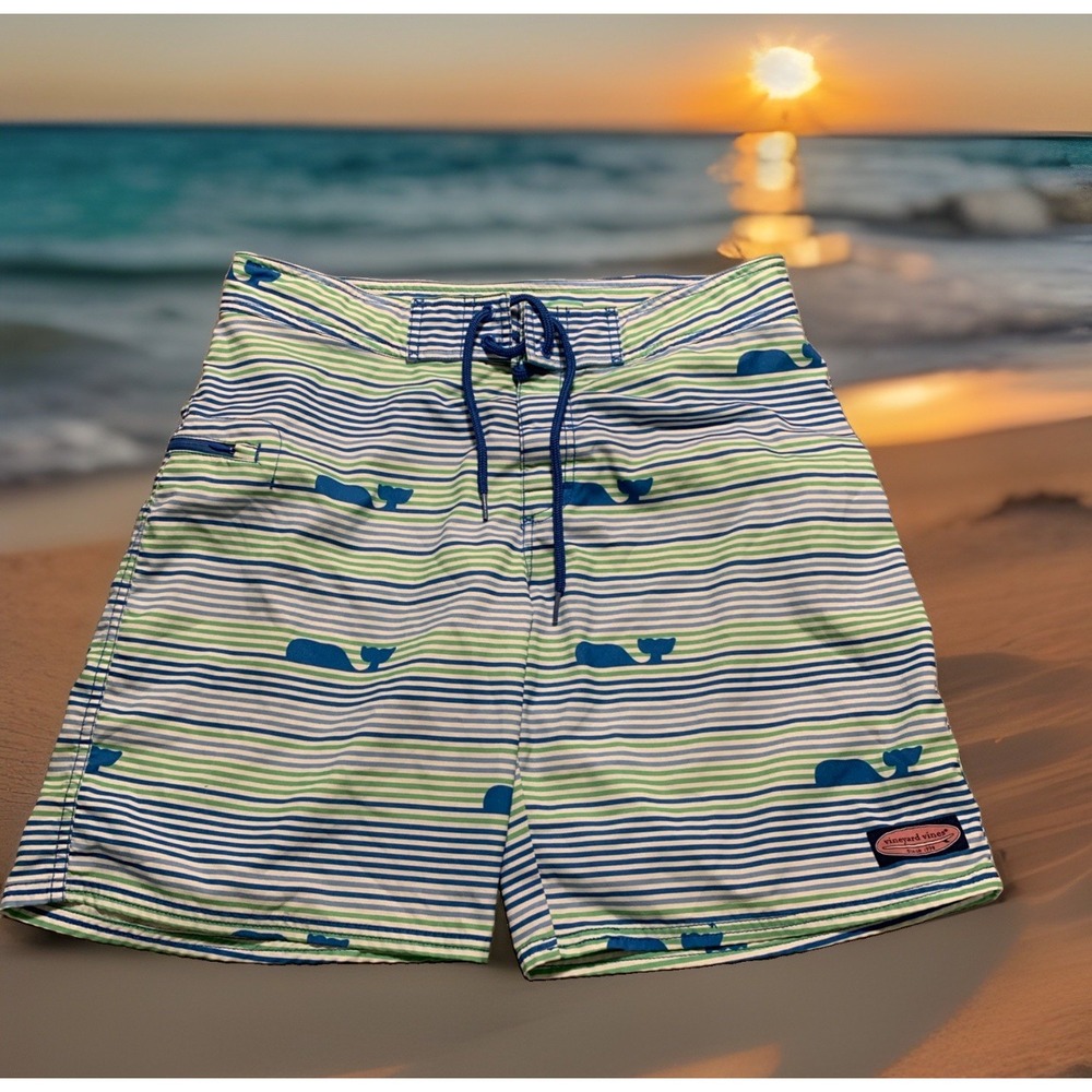 Vineyard Vines Board Shorts Men Sz 32 Blue Green Whale Harbor Stripe Swim Trunks